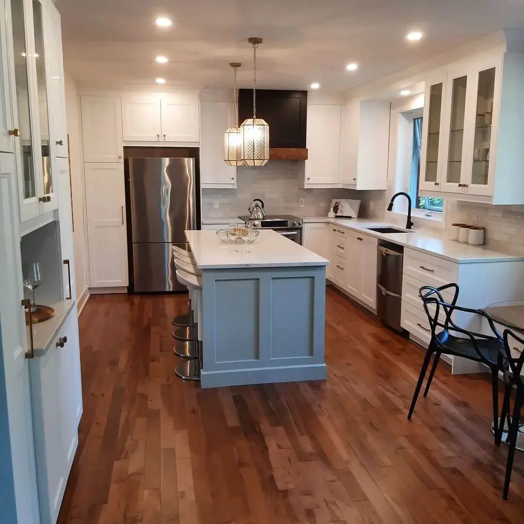 kitchen renovation with an island and custom flooring